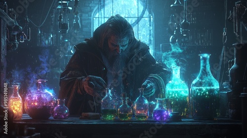 Mysterious Dark Alchemist in Shadowy Laboratory with Glowing Potions - 3D Render photo