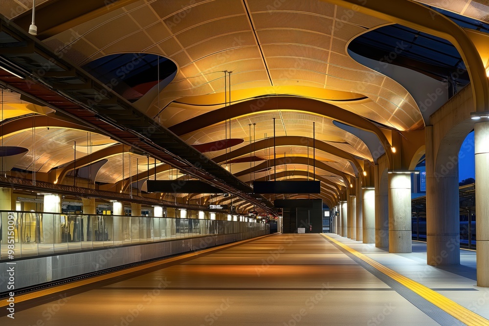 Fototapeta premium Modern Adelaide railway station interior design features light-filled interior, glass walls, sleek building architecture. Historic building facade contrasts with modern railway station interior.