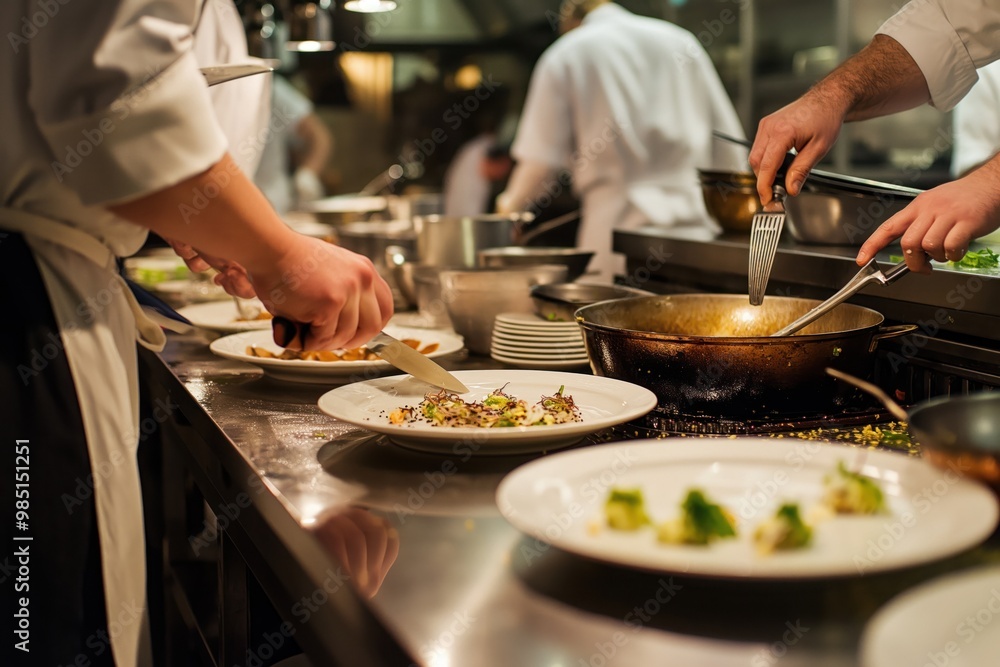 Chefs preparing fine dinner in London restaurant kitchen. Close-up of cooks handling meat, dough, and plates. Traditional British cuisine, fresh ingredients, and modern cooking techniques. Chefs preparing fine dinner in London restaurant kitchen. Close-up of cooks handling meat, dough, and plates. Traditional British cuisine, fresh ingredients, and modern cooking techniques.