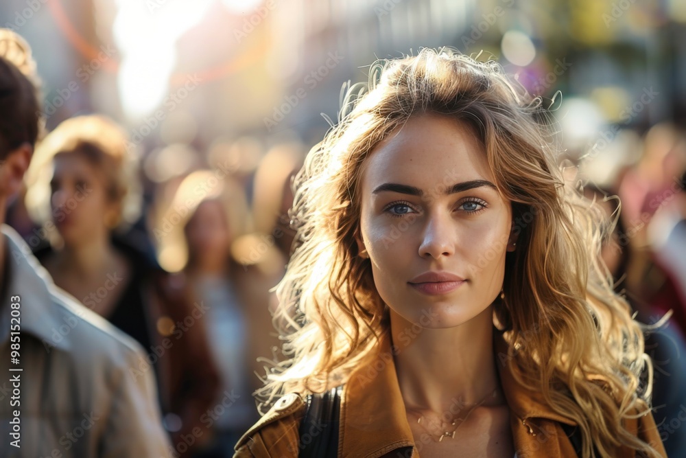 A woman with curly hair stands in a crowd of people, generative ai image A woman with curly hair stands in a crowd of people, generative ai image
