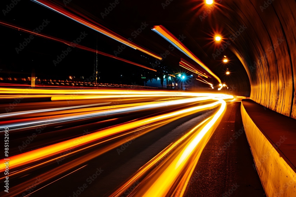 Fototapeta premium Abstract light trails of cars driving through tunnel at night