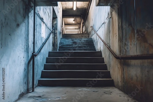 Dark and narrow staircase in a concrete basement or underground tunnel with single light source.