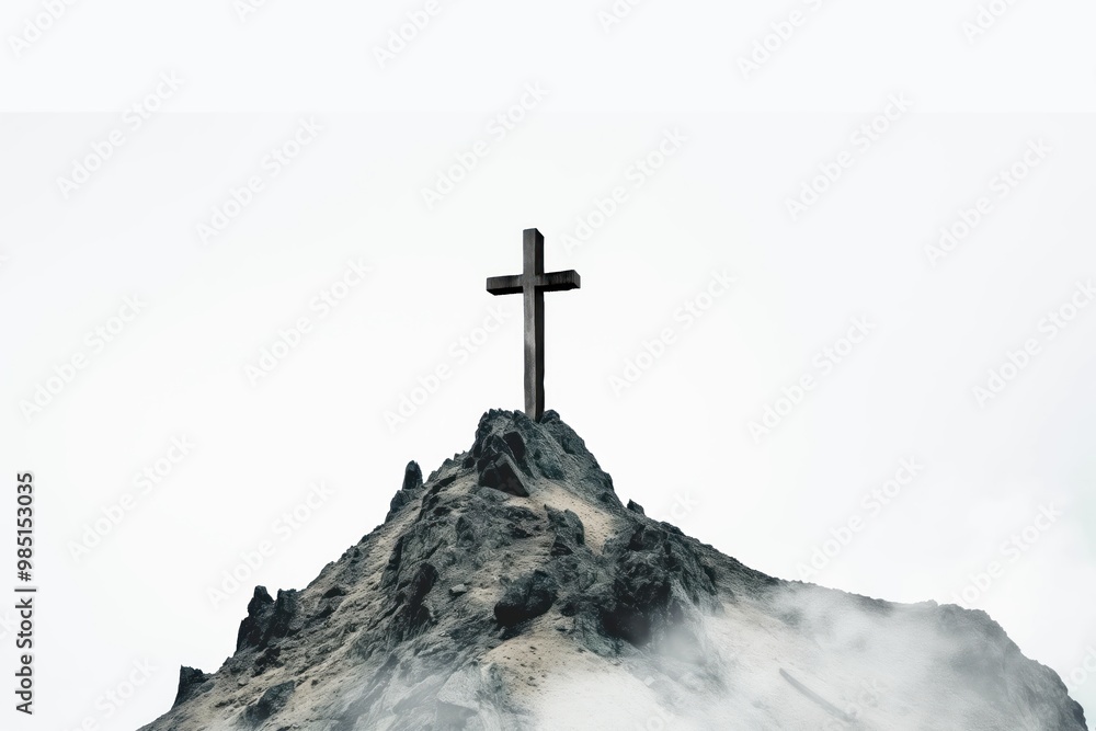 Mountain peak landscape features a solitary white cross standing tall against the sky. Silhouette of the cross is set against soft clouds. A symbol of faith, spirituality, and worship. Mountain peak landscape features a solitary white cross standing tall against the sky. Silhouette of the cross is set against soft clouds. A symbol of faith, spirituality, and worship.