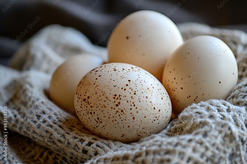 Close up of speckled eggs in a white cloth on a wooden surface Close up of speckled eggs in a white cloth on a wooden surface
