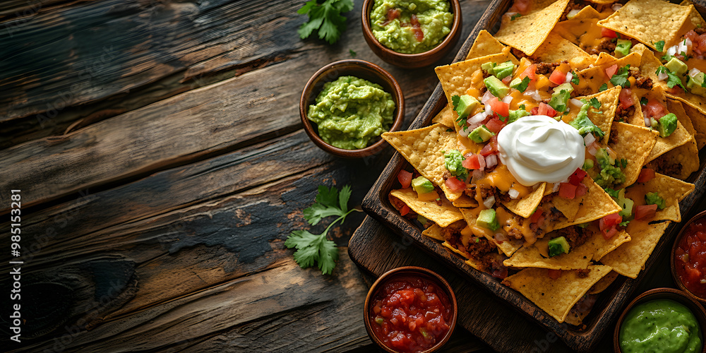 A vibrant platter of nachos piled high with layers of melted cheese, fresh salsa, and creamy guacamole is showcased on a rustic wooden table, inviting everyone to indulge. National Nachos Day concept A vibrant platter of nachos piled high with layers of melted cheese, fresh salsa, and creamy guacamole is showcased on a rustic wooden table, inviting everyone to indulge. National Nachos Day concept