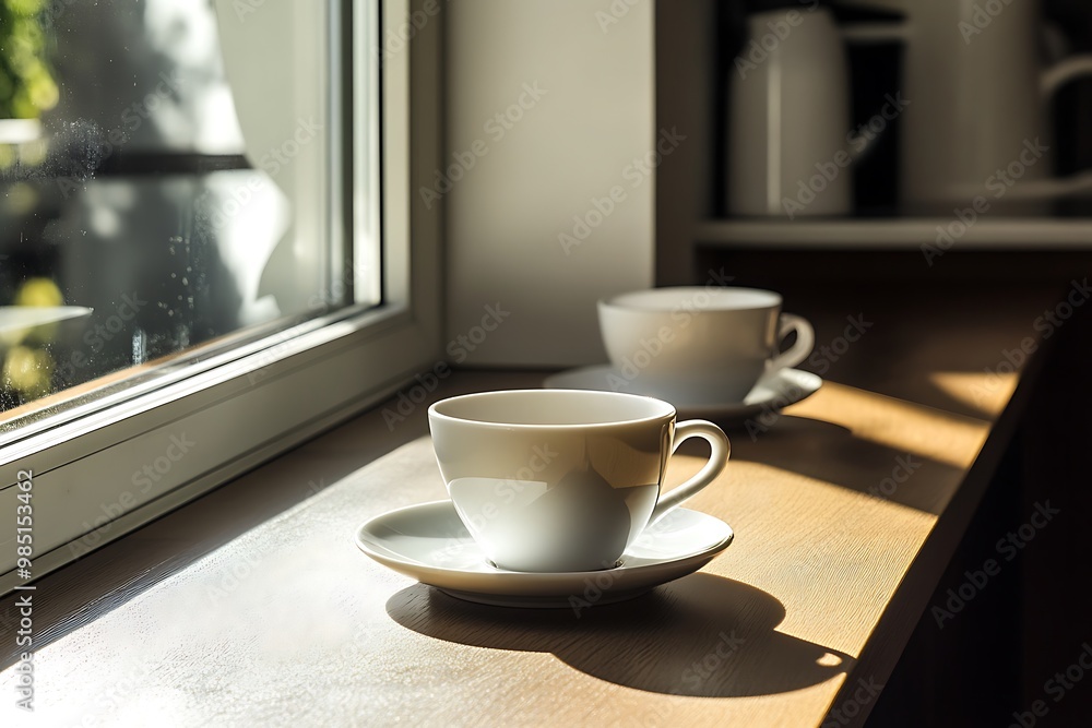 Two Cups of Coffee on a Windowsill with Sunlight Two Cups of Coffee on a Windowsill with Sunlight
