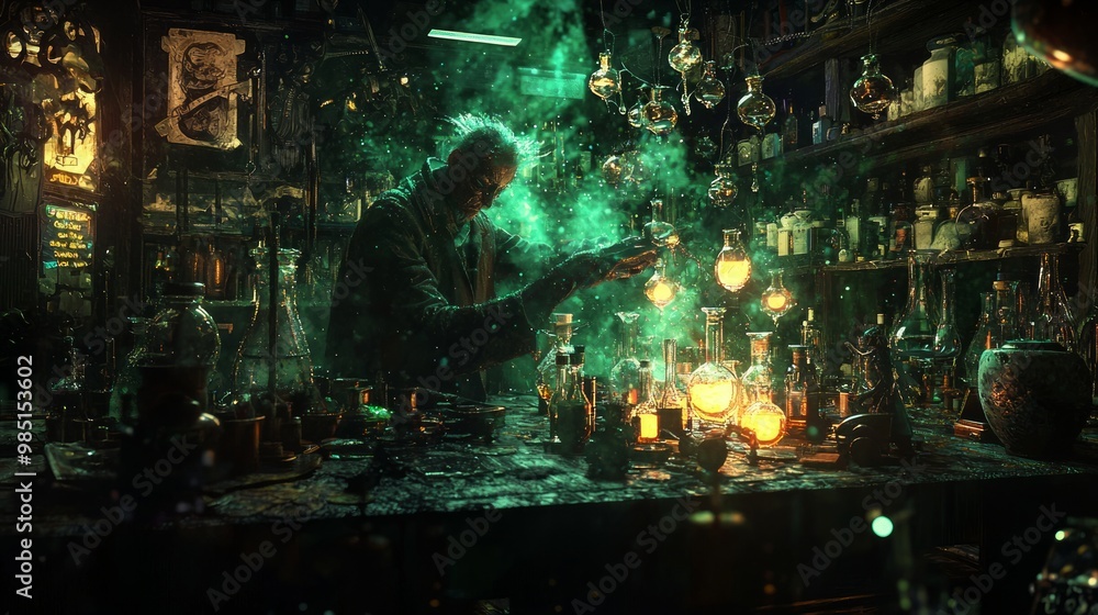 Malevolent Alchemist - Dark Fantasy Villain in 3D with Glowing Vials and Bubbling Potions in Dimly Lit Laboratory Malevolent Alchemist - Dark Fantasy Villain in 3D with Glowing Vials and Bubbling Potions in Dimly Lit Laboratory