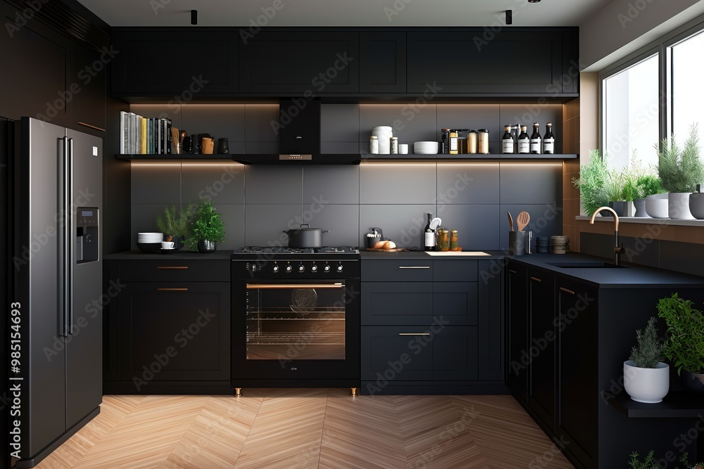 Modern kitchen with black cabinetry, appliances. Stylish, inviting interior design with minimalist decor. Vibrant green potted plant on countertop. Bright, warm atmosphere with stainless steel Modern kitchen with black cabinetry, appliances. Stylish, inviting interior design with minimalist decor. Vibrant green potted plant on countertop. Bright, warm atmosphere with stainless steel