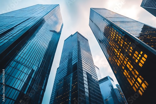 Wallpaper Mural Low angle view of skyscrapers in a modern city with blue glass facades and clear blue sky Torontodigital.ca