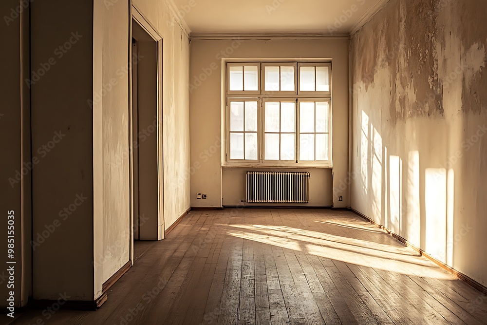 Fototapeta premium Empty room with sunlight shining through the window, waiting for renovation