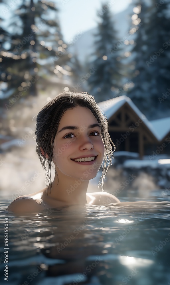 Fototapeta premium A hyper-realistic photograph of a highly detailed smiling woman in a hot spring on a sunny day. Steam rises from the water