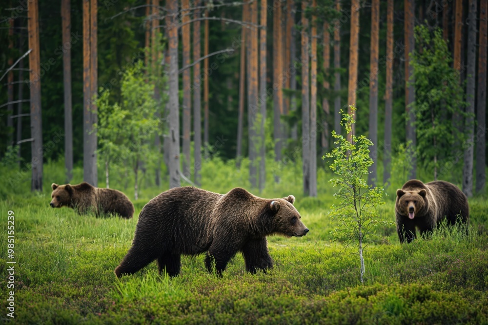 Green forest landscape in Finland with grizzly bears roaming freely. Large carnivorous mammals with thick fur in daylight. Wilderness wildlife in Europe. Green forest landscape in Finland with grizzly bears roaming freely. Large carnivorous mammals with thick fur in daylight. Wilderness wildlife in Europe.