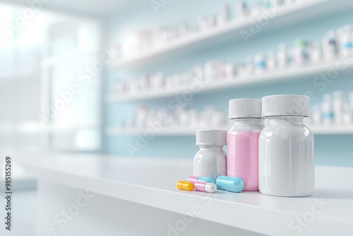 Pharmacy products on clean shelves, open area for text or logo, 3D illustration copy space for text and logo