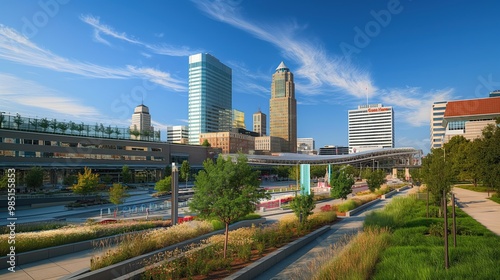 Omaha cityscape with Missouri River flanked by tall building, shorter building. Rich plants surrounds river, including trees, grass. Clear blue sky with scattered clouds. City skyline features mix of