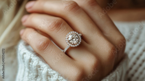 A woman is holding a ring with a diamond in the center. The ring is gold and has a halo around the diamond. The woman is wearing a white sweater