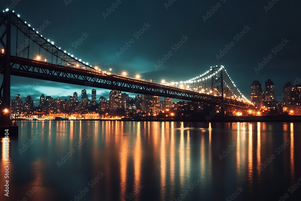 Fototapeta premium Night view of city skyline with bridge and reflections in water