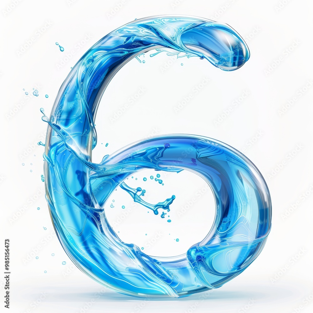 Fototapeta premium Water alphabet, realistic numbers water, water font number 6