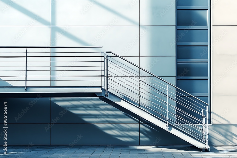 Fototapeta premium Modern building exterior with metal stairs and shadow on white wall