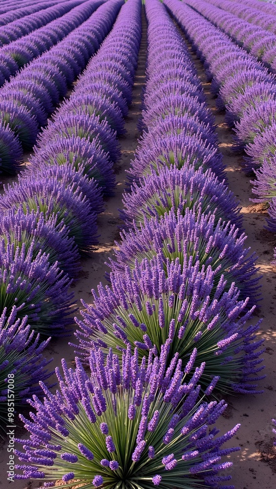 Naklejka premium Tranquil lavender field in full bloom endless rows of purple against earthy tones