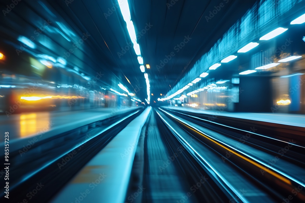 Abstract motion blur of train tracks in subway tunnel with blue light Abstract motion blur of train tracks in subway tunnel with blue light
