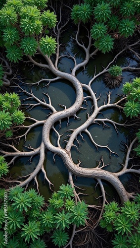 Mysterious mangrove forest with twisting roots and brackish water photo