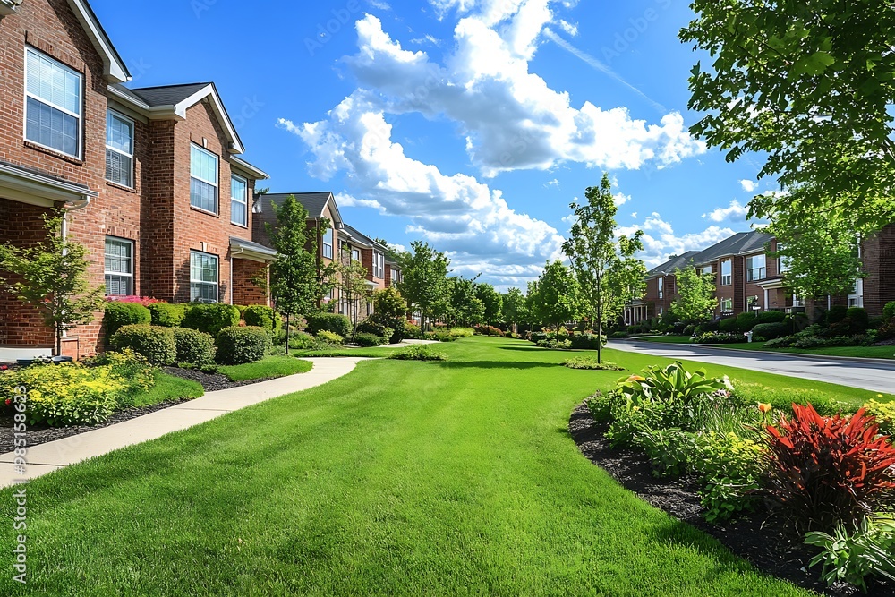 Fototapeta premium Suburban Neighborhood with Lush Green Grass and Brick Houses
