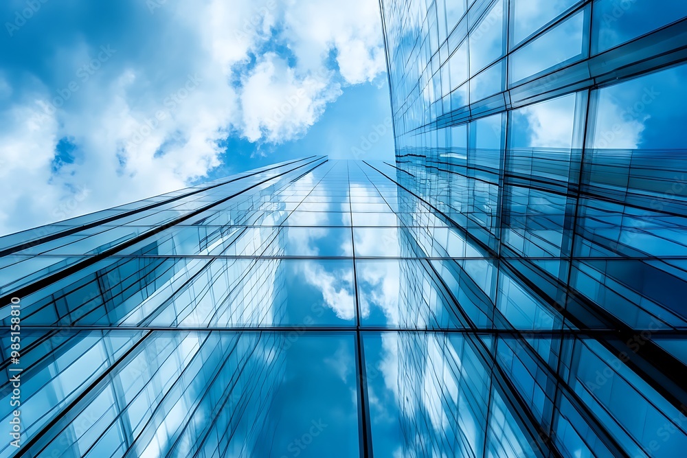Low Angle View of Modern Skyscraper with Glass Facade and Blue Sky Low Angle View of Modern Skyscraper with Glass Facade and Blue Sky