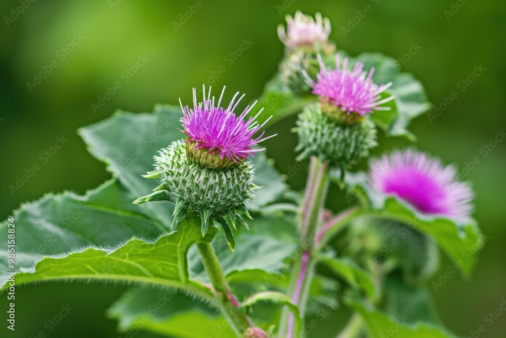 Close-up of a flowering great burdock with prickly stem and purple flowers. Green leaves and yellow center. Beautiful, colourful, wild plant growing in meadow. Blooming in spring and summer. Close-up of a flowering great burdock with prickly stem and purple flowers. Green leaves and yellow center. Beautiful, colourful, wild plant growing in meadow. Blooming in spring and summer.