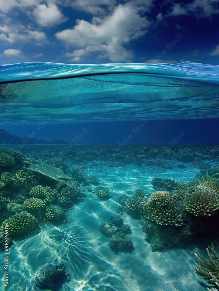 Underwater landscape with sandy ocean floor and blue waves. Tropical marine life amidst coral reef. Aqualung diver in distance, sunlight filters through water. Underwater landscape with sandy ocean floor and blue waves. Tropical marine life amidst coral reef. Aqualung diver in distance, sunlight filters through water.