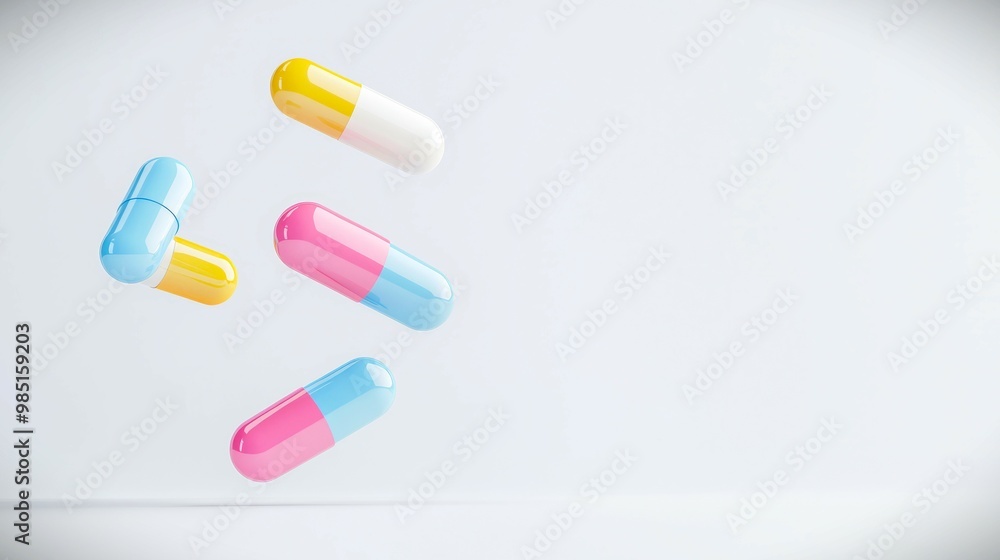 Medical capsules floating above table, copy space for text or logo, 3D illustration copy space for text and logo Medical capsules floating above table, copy space for text or logo, 3D illustration copy space for text and logo