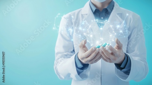 Medical researcher holding immune-boosting drug, futuristic pharmacy design, 3D illustration copy space for text and logo