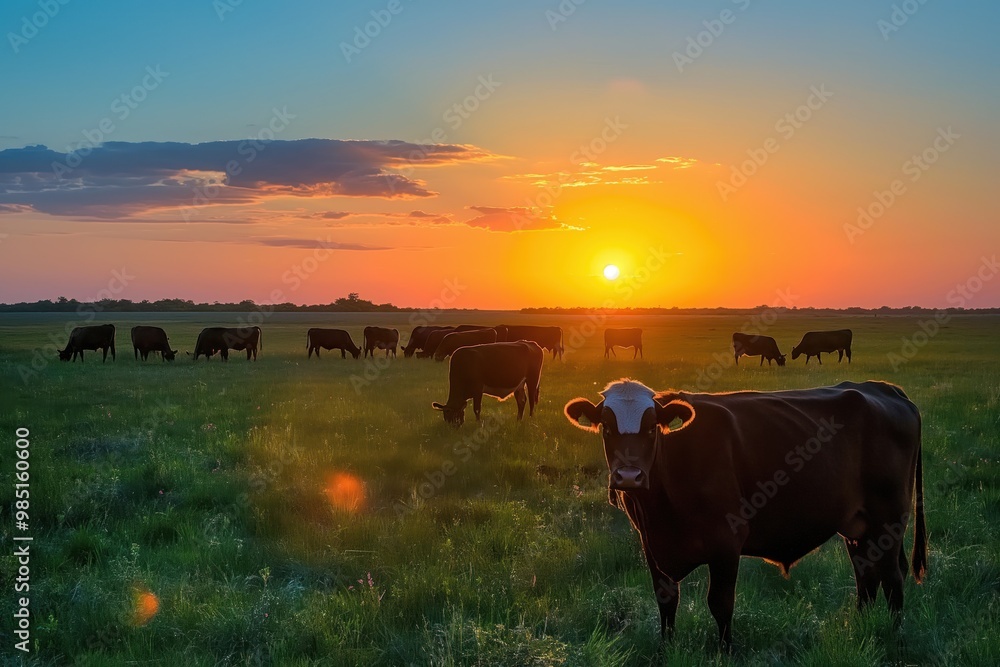 Sun sets on the horizon, cattle graze in a green meadow. Angus cow herd in a rural landscape. Cattle farm with no people. Farmer livestock grazing in a peaceful field. Sun sets on the horizon, cattle graze in a green meadow. Angus cow herd in a rural landscape. Cattle farm with no people. Farmer livestock grazing in a peaceful field.