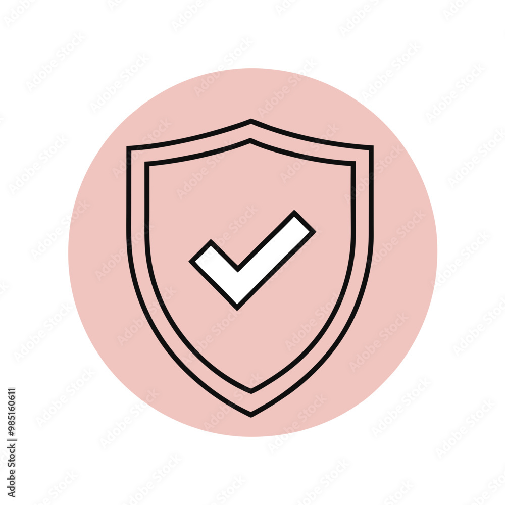 Shield with a check mark inside a pink circle in a minimalistic outline style Shield with a check mark inside a pink circle in a minimalistic outline style