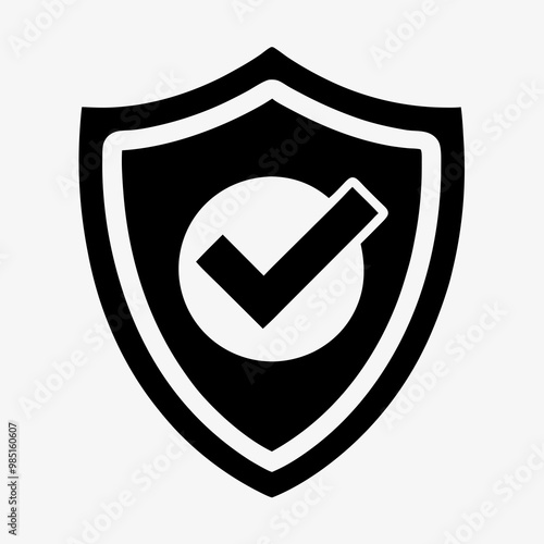 Black shield with a check mark and circle emblem in a bold graphic design