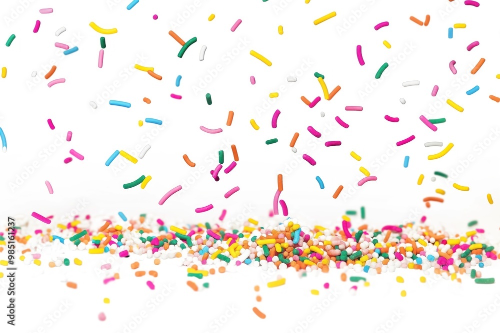 Sprinkles falling on white background in colorful, abstract design. Delightful illustration of confectionery, candy, and cupcakes. Bright, festive, and fun design for birthday, party, and celebration. Sprinkles falling on white background in colorful, abstract design. Delightful illustration of confectionery, candy, and cupcakes. Bright, festive, and fun design for birthday, party, and celebration.