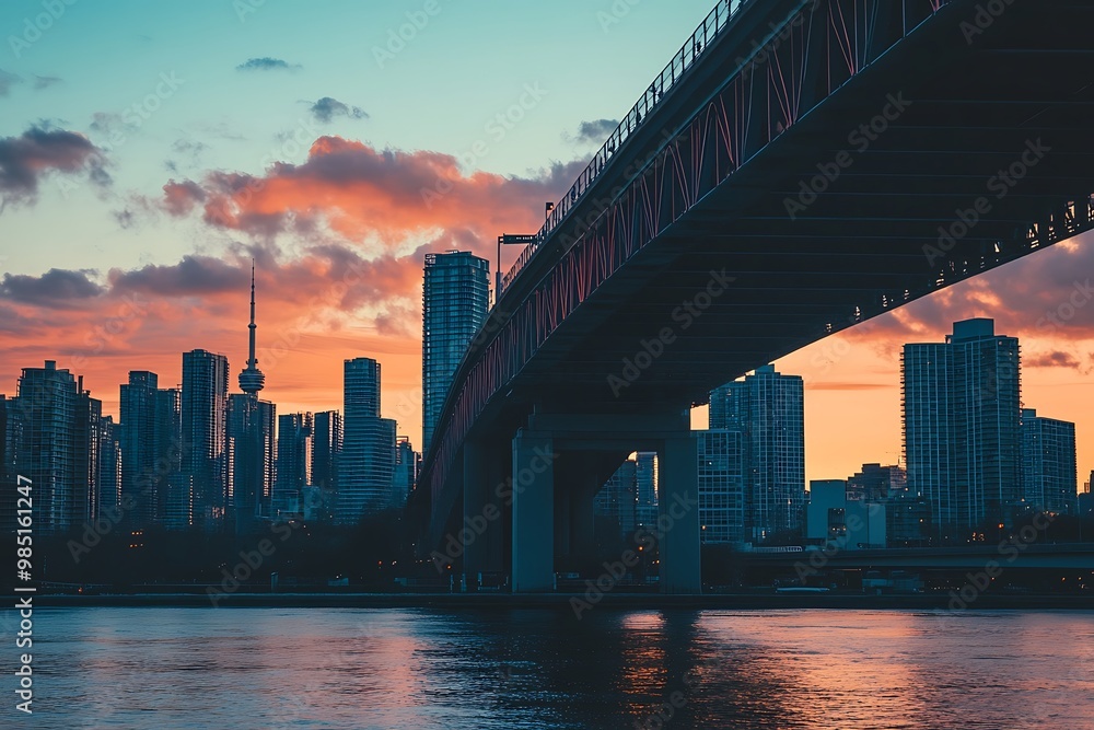 Fototapeta premium Silhouette of a bridge over a city skyline at sunset with colorful clouds