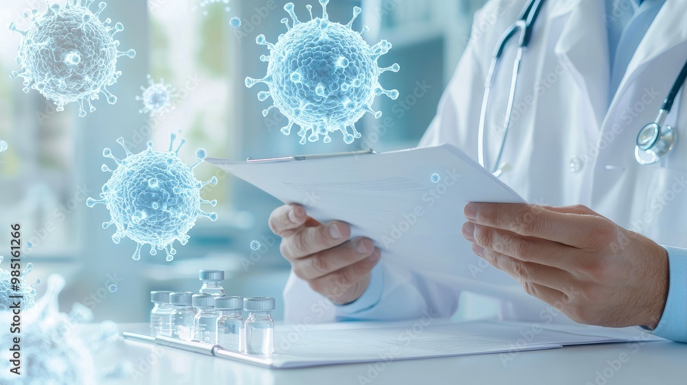 Medicine reviewing medical vials, placed on a clean desk, with soft glowing immune cells floating in the background. The doctor is holding a document Medicine reviewing medical vials, placed on a clean desk, with soft glowing immune cells floating in the background. The doctor is holding a document