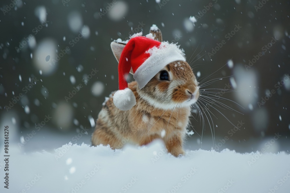 A small rabbit wearing a red Santa hat and a red santa suit, generative ai image A small rabbit wearing a red Santa hat and a red santa suit, generative ai image
