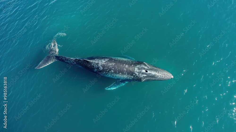 Gray whale swims in clear ocean waters off Baja California coast. Drone captures whale majestic movement in Mexico Pacific Ocean. Sunny day, large whale glides through water. Gray whale swims in clear ocean waters off Baja California coast. Drone captures whale majestic movement in Mexico Pacific Ocean. Sunny day, large whale glides through water.