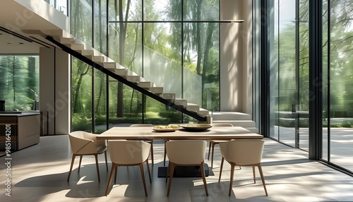 Sleek dining space featuring elegant staircase, minimalist furniture, and large glass windows filled with natural light