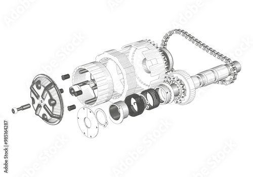 Motorcycle clutch and shaft on white background.