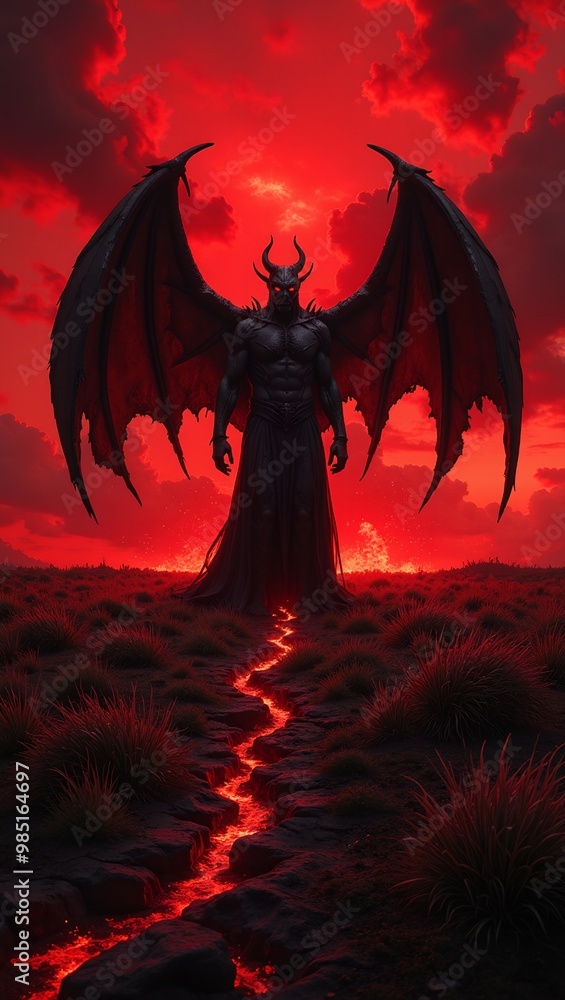 Fototapeta premium Sinister demon with outstretched wings in fiery landscape under blood red sky