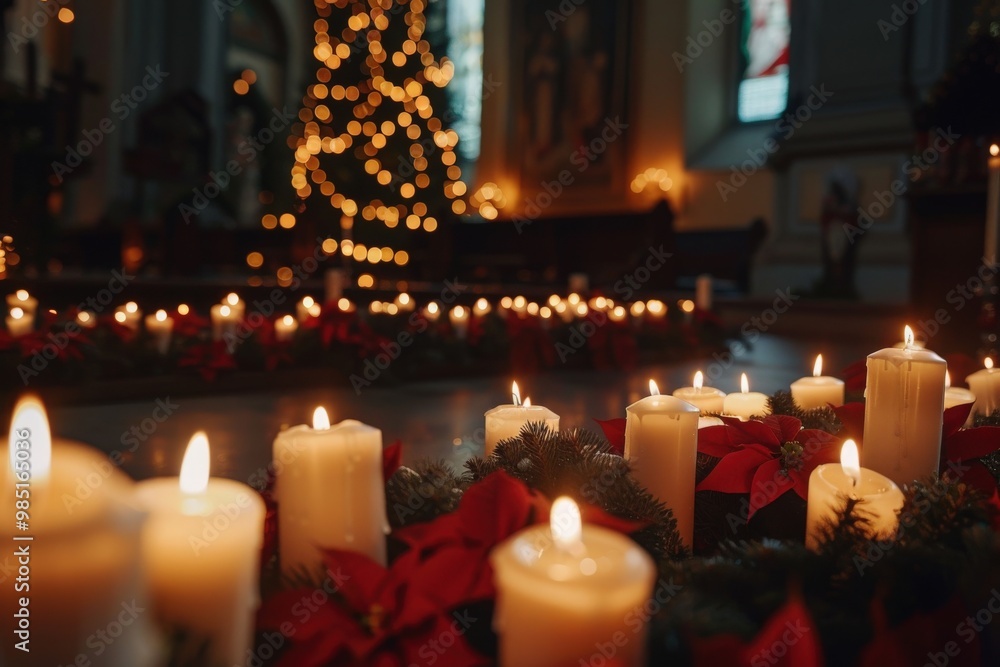 A lit Christmas tree in a church with candles surrounding it, generative ai image A lit Christmas tree in a church with candles surrounding it, generative ai image