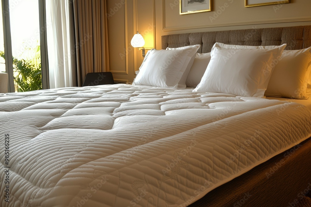 White Quilted Mattress with Pillows and a Brown Headboard White Quilted Mattress with Pillows and a Brown Headboard
