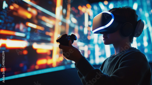 Child immersed in a virtual reality gaming experience, surrounded by colorful neon lights and holding VR controllers, exploring a futuristic digital world.