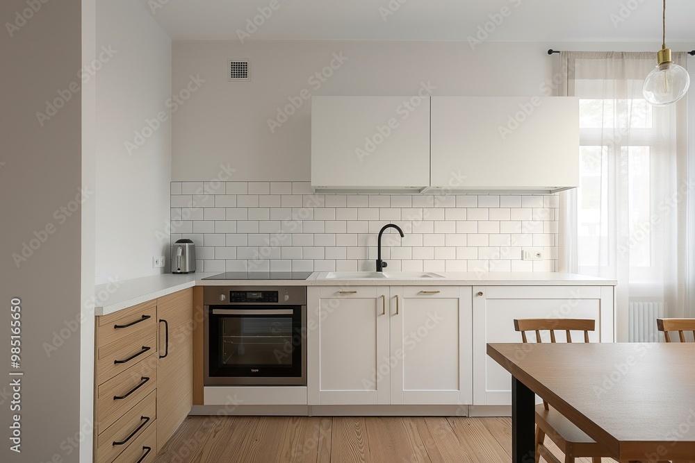 Fototapeta premium Modern kitchen interior with white oven, sink, faucet, wooden cabinet, table. Wooden chair placed at table. Lamp hangs from ceiling. White walls, floor create bright, airy atmosphere. Comfortable,
