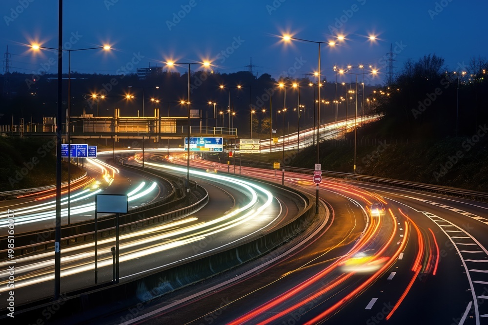 Fast-moving traffic on motorway near Bristol, UK. Night time cars and trucks speed past junction on M5 highway. Red light shines in darkness, long exposure captures motion blur. Fast-moving traffic on motorway near Bristol, UK. Night time cars and trucks speed past junction on M5 highway. Red light shines in darkness, long exposure captures motion blur.