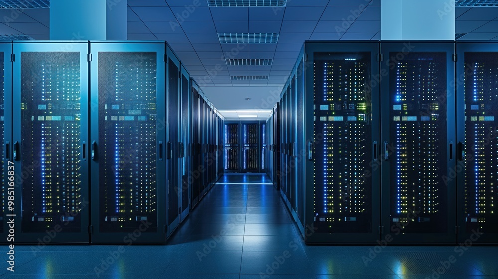 Modern data center with multiple rows of server racks, fully operational for cloud computing, artificial intelligence, database, and super computer technology. Modern data center with multiple rows of server racks, fully operational for cloud computing, artificial intelligence, database, and super computer technology.