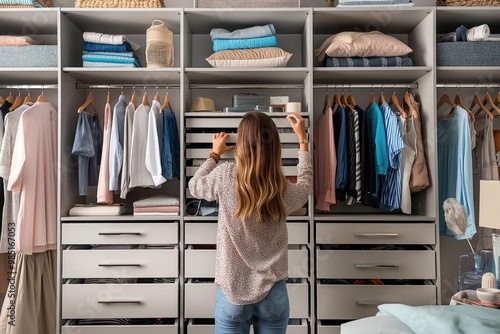 Woman stands in front of large modern closet with stylish clothes, home stuff. Chooses outfit from collection of garments on hanger. Interior design features open shelf, storage space. Adult woman