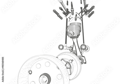 Two-cylinder engine on a white background.